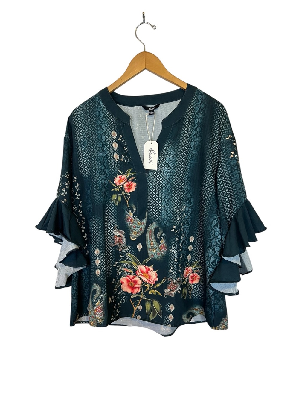 ShallWe NWT Size Women’s Large Rose Floral Paisley Ruffle Sleeve Boutique Blouse